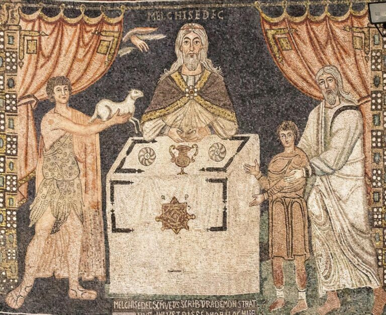 Habil, Melkisedek, İbrahim ve İshak’ın Kurbanları Erken Bizans dönemi, 6.–7. yüzyıl, mozaik Sant’Apollinare in Classe Bazilikası, Ravenna