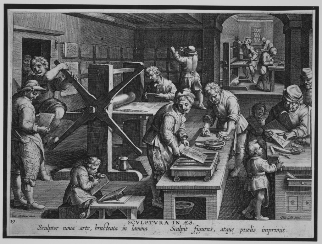 Eserin özgün adı The Workshop of an Engraver [Sculptura in Aes]. Nova Reperta dizisinin 19. levhası olan çalışma, Stradanus tarafından tasarlanmış, Philips Galle’nin atölyesi tarafından yaklaşık 1600’de gravürlenmiştir.
