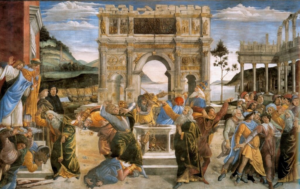 Sandro Botticelli, Korah, Datan ve Abiram’ın Cezalandırılması, 1481–1482, fresk, 348,5 × 570 cm, Sistina Şapeli güney duvarı, Vatikan.