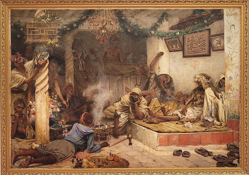 Gabriel Ferrier, Kif İçenler / Kif Smokers (Les Fumeurs de Kiff), yaklaşık 1887, tuval üzerine yağlıboya, 49 × 67,5 cm, Cirta Ulusal Müzesi, Konstantin, Cezayir.