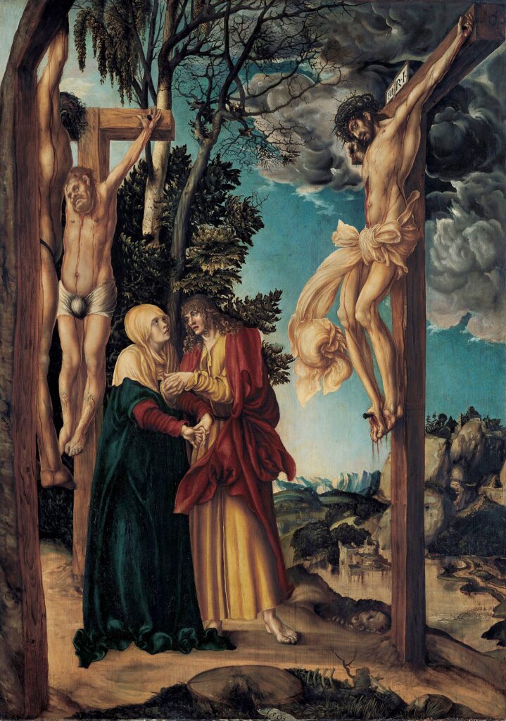 Lucas Cranach’ın Meryem ve Yuhanna ile Çarmıhtaki İsa eseri, çarmıhtaki Mesih’i ve aşağıda birbirine tutunan Meryem